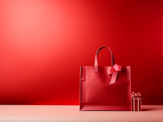 Borsa della spesa rossa e confezione regalo su sfondo rosso Concetto di banner di vendita di Capodanno