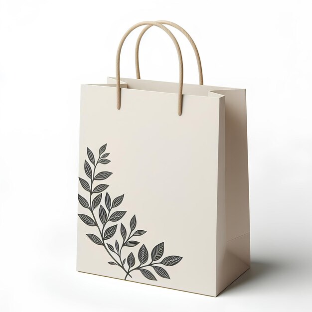 Borsa di carta bianca Mockup con disegno a foglia Borsa di carte bianca con maniglie di corda su sfondo bianco Br