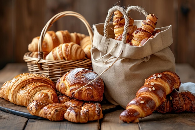 Borsa di carta con pane e cesto di pasticceria