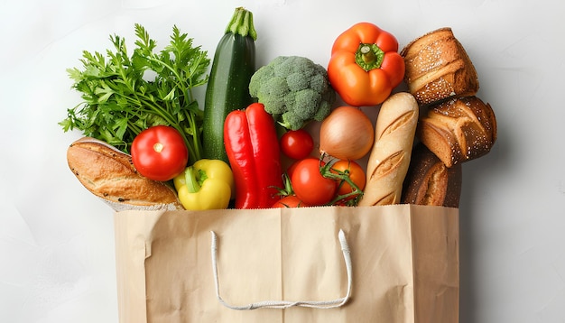 Borsa di carta con verdure, frutta e pane su sfondo bianco