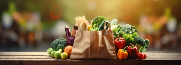 Borsa di carta per verdure, verdure fresche, frutta, cibo sano, borsa per la spesa, banner pubblicitario con foto