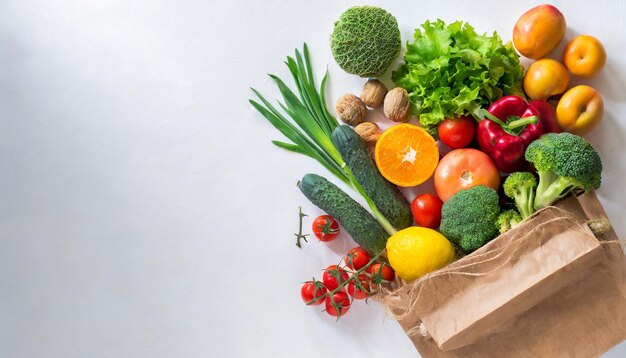 Borsa di carta piena di verdure su uno sfondo bianco isolato angolo di vista dall'alto borsa di alimentari sana