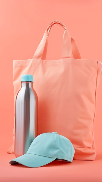 borsa di cotone di marca, tappo di bottiglia d'acqua di metallo, sfondo bianco