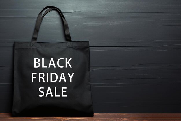 Borsa di cotone ecologico nera su sfondo nero con la scritta BLACK FRIDAY SALE Stagione di vendita Concept di vendita e shopping Template di progettazione dello shopper per la pubblicità di branding mockup copyspace