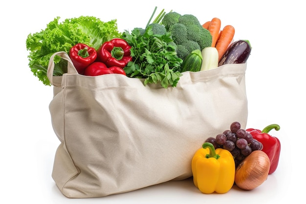 Borsa di cotone per la spesa con verdure fresche e frutta