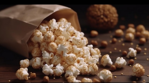 Borsa di popcorn con sfondo di caramelle al cioccolato