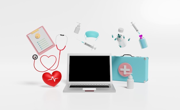 borsa di pronto soccorso con computer portatile lista di controllo stetoscopio siringa cuore rosso isolato su sfondo bianco salute amore o concetto di giornata mondiale del cuore 3d illustrazione 3d render