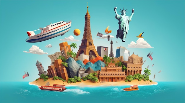 Borsa di viaggio di un giorno per il turismo mondiale con vacanze e illustrazioni turistiche di punti di riferimento mondiali