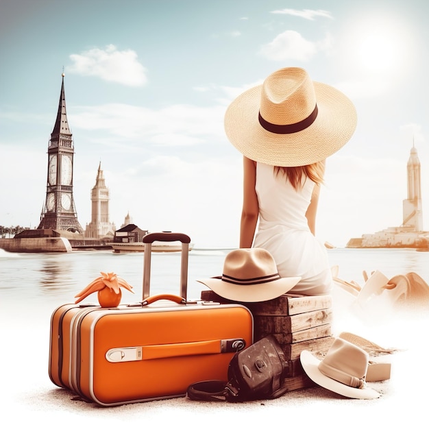 Borsa di viaggio di un giorno per il turismo mondiale con vacanze e illustrazioni turistiche di punti di riferimento mondiali