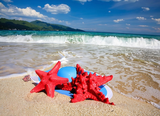 Borsa e accessori da spiaggia tenuti sulla sabbia in spiaggia