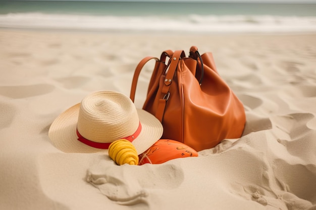 Borsa fotografica con accessori da spiaggia tenuti sulla sabbia