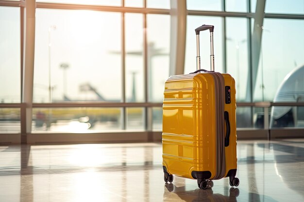 Borsa gialla brillante pronta per un'avventura in aeroporto