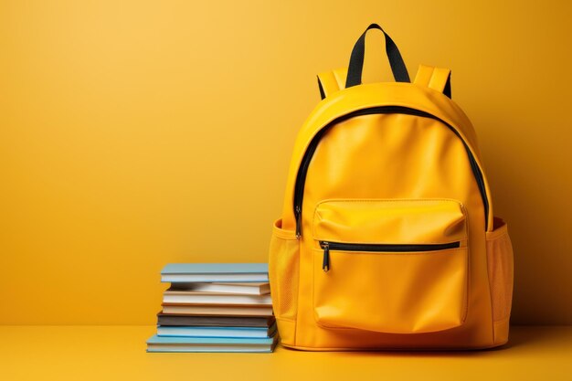 Borsa gialla e matita per notebook su tavola di legno Concetto di ritorno a scuola Genera ai