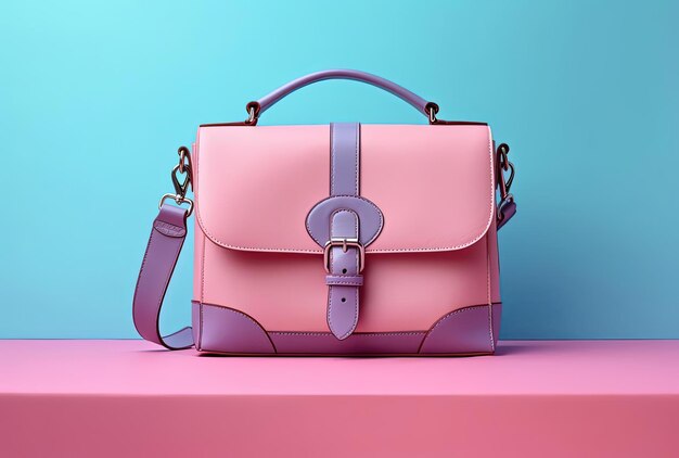 borsa in pelle rosa su sfondo colorato nello stile di viola chiaro e grigio