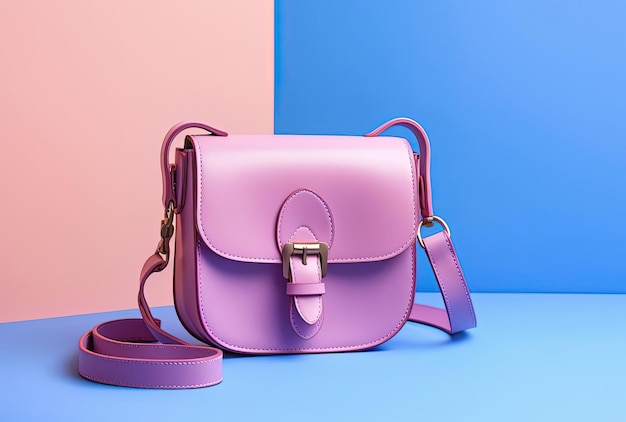 borsa in pelle rosa su uno sfondo con texture rosa tenue nello stile del viola chiaro e dell'azzurro scuro