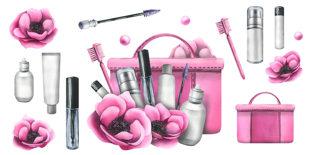 Borsa per cosmetici con creme, pennelli e prodotti per il trucco rosa con fiori Illustrazione dell'acquerello disegnata a mano per un produttore di cosmetici di un salone di bellezza Insieme di elementi isolati su sfondo bianco