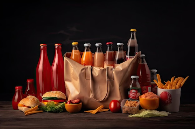 Borsa per fast food piena di diversi condimenti e salse per un servizio fotografico creativo