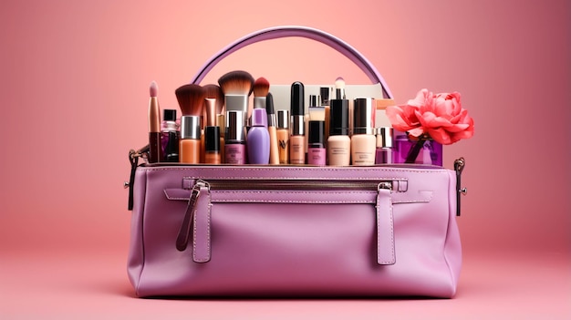 Borsa per il trucco con cosmetici su sfondo viola