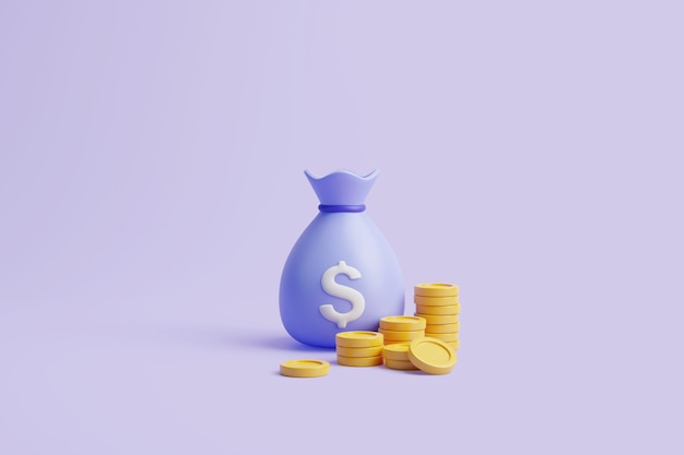 Borsa per soldi con simbolo del dollaro bianco e torte di monete d'oro su sfondo viola pastello rendering 3D
