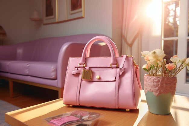 borsa rosa con accenti bianchi e dorati nello stile di composizioni fotorealistiche