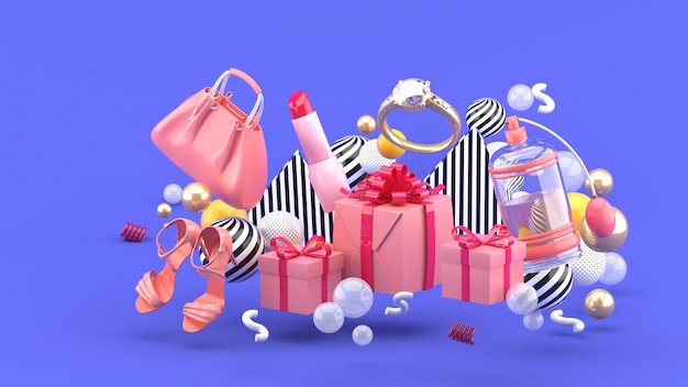 Borsa, rossetto, tacchi alti, anelli, profumo e scatole regalo tra palline colorate sul viola. Rendering 3d.