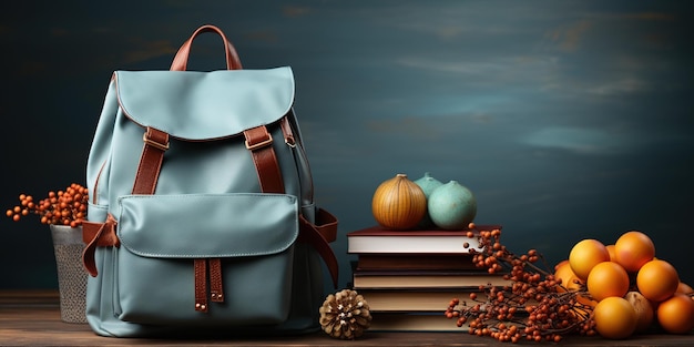 Borsa scolastica blu con libri e accessori scolastici su sfondo grigio con spazio per le copie