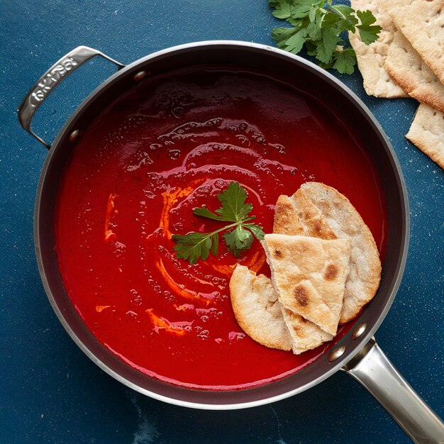 borscht in padella con pane piatto fresco