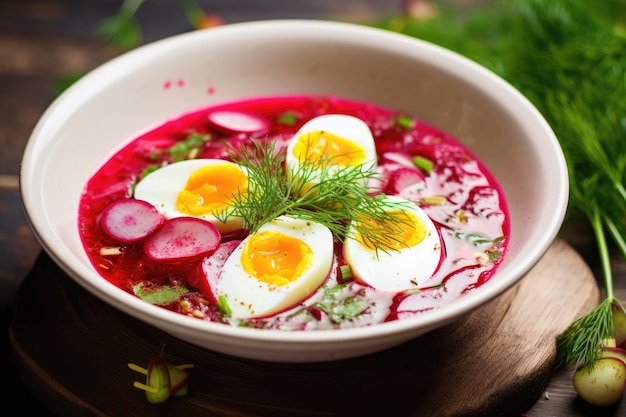 Borscht rosso con uovo sodo e verdure in un piatto freddo