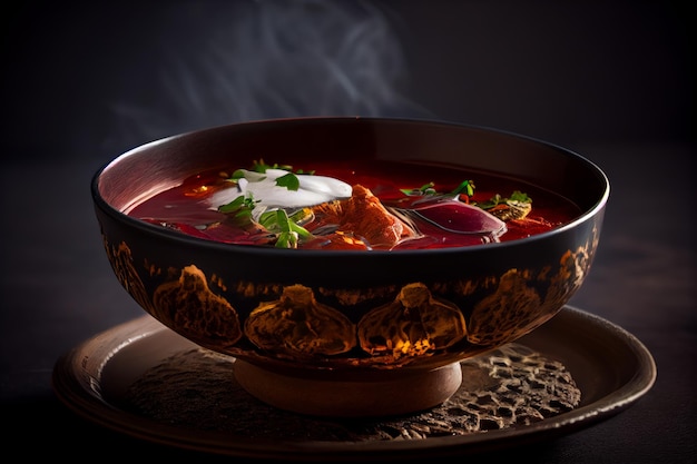 Borscht ucraino tradizionale con panna acida su fondo di legno scuro IA generativa