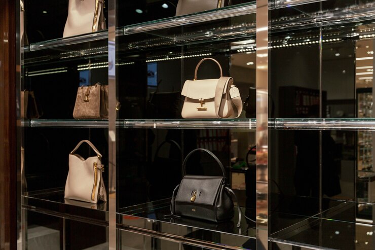 Borse alla moda in vetrina. Accessori eleganti, eleganti e lussuosi.