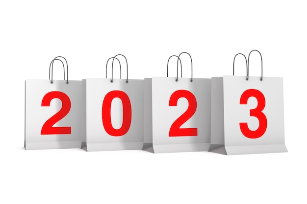 Borse della spesa con rendering 3d del segno del nuovo anno 2023