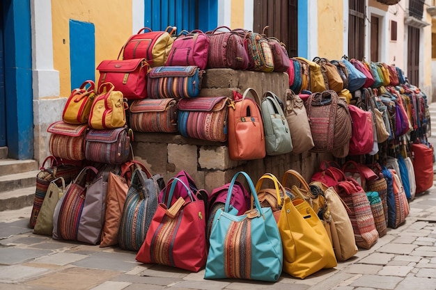 Borse multicolori in una bancarella di venditori nelle strade coloniali della città vecchia di Cartagena