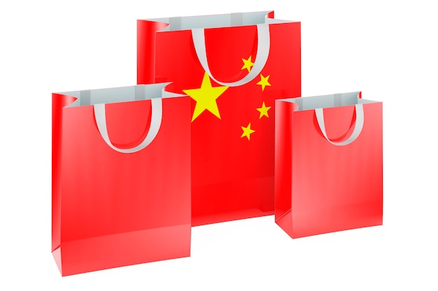 Borse per la spesa con bandiera cinese Shopping in Cina concetto di rendering 3D