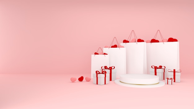 Borse per la spesa con cuori rosa e rossi all'interno con regali e podio bianco con strisce dorate su sfondo rosa. Rendering tridimensionale di San Valentino. Sfondo 3d con spazio di copia. Banner di vendita.