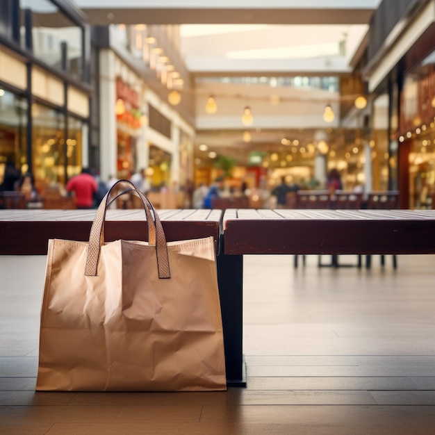 Borse shopper su tavola di legno con un centro commerciale sfocato sullo sfondo Ai generativa