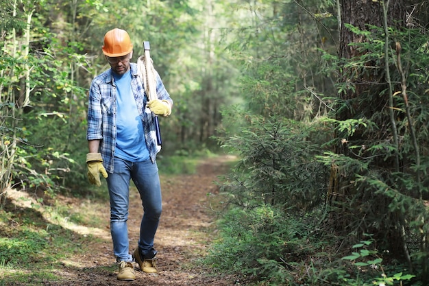 Boscaiolo maschio nella foresta. Un taglialegna professionista ispeziona gli alberi per l'abbattimento.