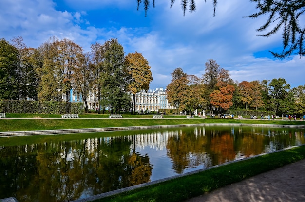 Bosco autunnale e riflesso nel lago. Scena drammatica insolita. Foglie autunnali rosse e gialle. Il mondo della bellezza.