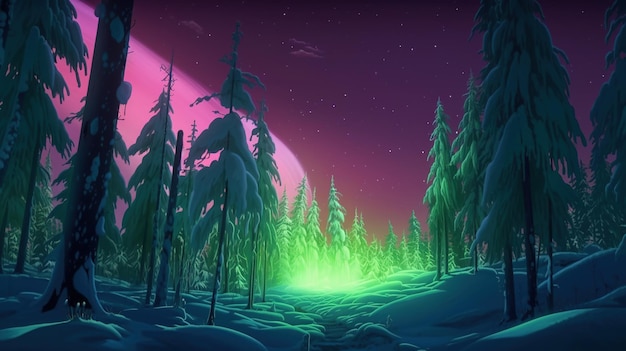 Bosco con illustrazione dell'arte digitale dell'aurora boreale AI generativa