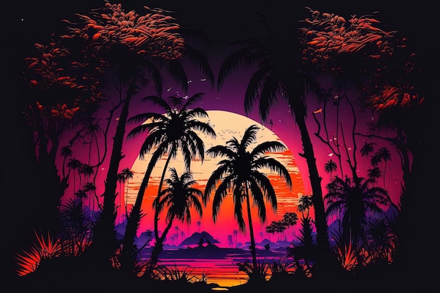 Bosco surreale al tramonto con palme mozzafiato paesaggio da sogno al neon