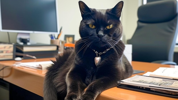 Boss cat è seduto alla sua scrivania nel suo concetto di business dell'ufficio