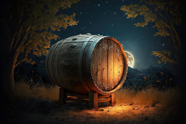 Botte di vino in legno sullo sfondo del cielo stellato notturno