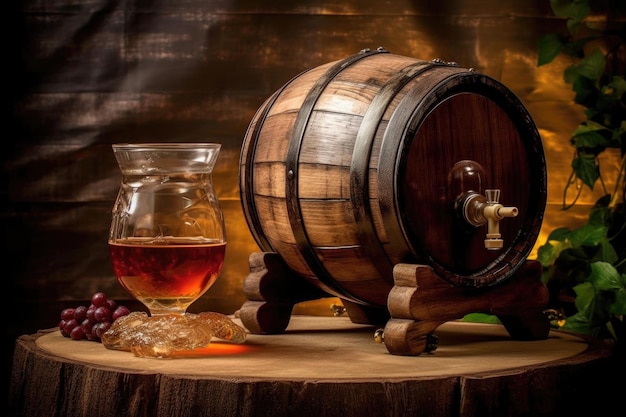 Botte di whisky con accanto un bicchiere riempito creato con intelligenza artificiale generativa