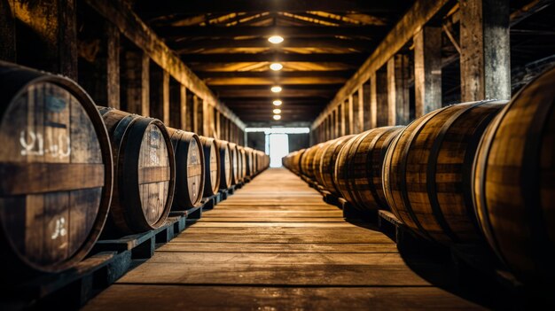 Botti di whisky bourbon scotch in una struttura di invecchiamento