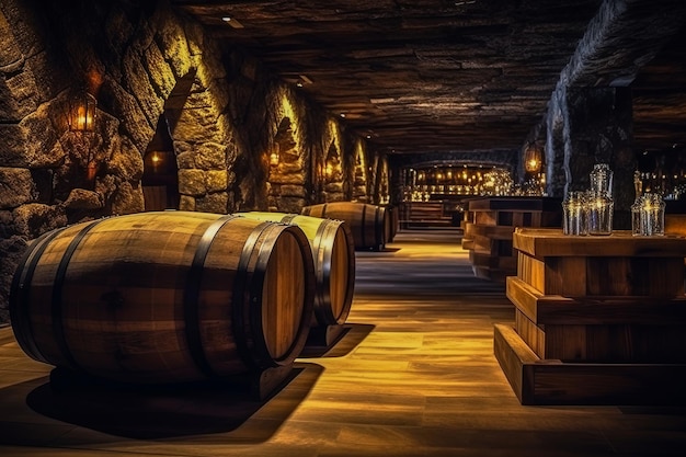 Botti per la conservazione del vino in una vecchia cantina sotterranea Concetto di cantine