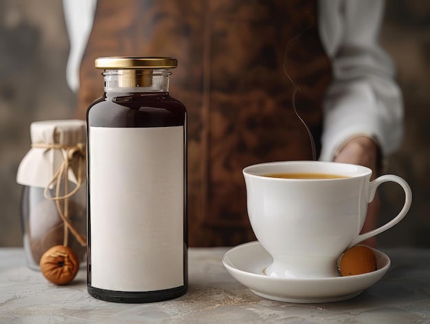 Bottiglia con etichetta modello e tazza di caffè