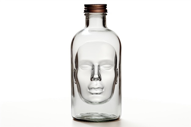 Bottiglia con faccia umana isolata su sfondo bianco