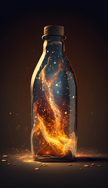 Bottiglia con galassia fusa sfondo di colore rosso lucido Lampada lava astratta ai generativa