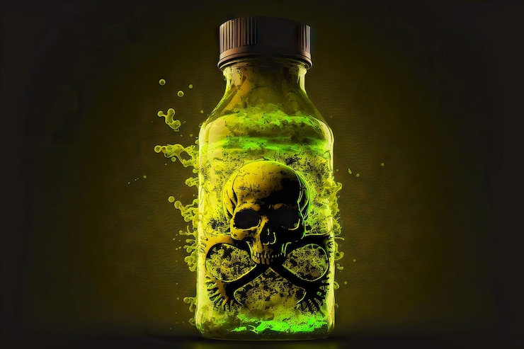 Foto bottiglia con liquido al neon luminoso tossico che rappresenta il pericolo di radiazioni