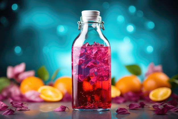 Bottiglia con liquido multicolore o pozione magica medicina sfondo colorato