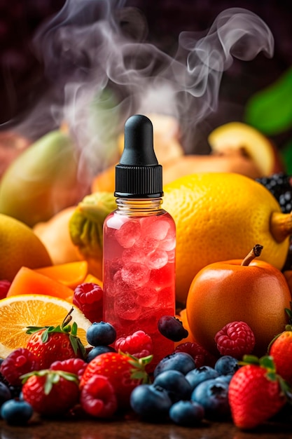 Bottiglia con liquido Vaping Eliquid aromatizzato Bacche e frutta IA generativa